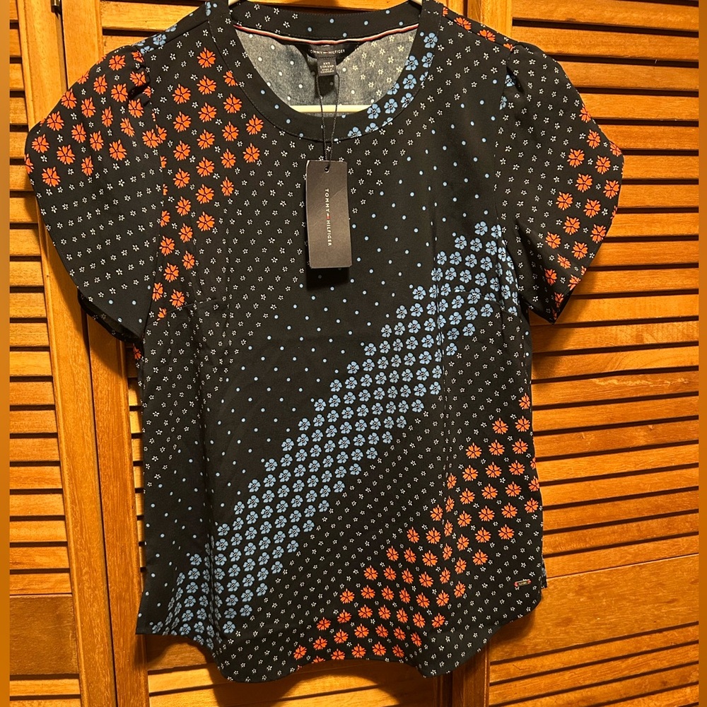 Tommy Hilfiger Navy Blue with Colorful Floral Graphic Short Sleeve Top/Tunic
